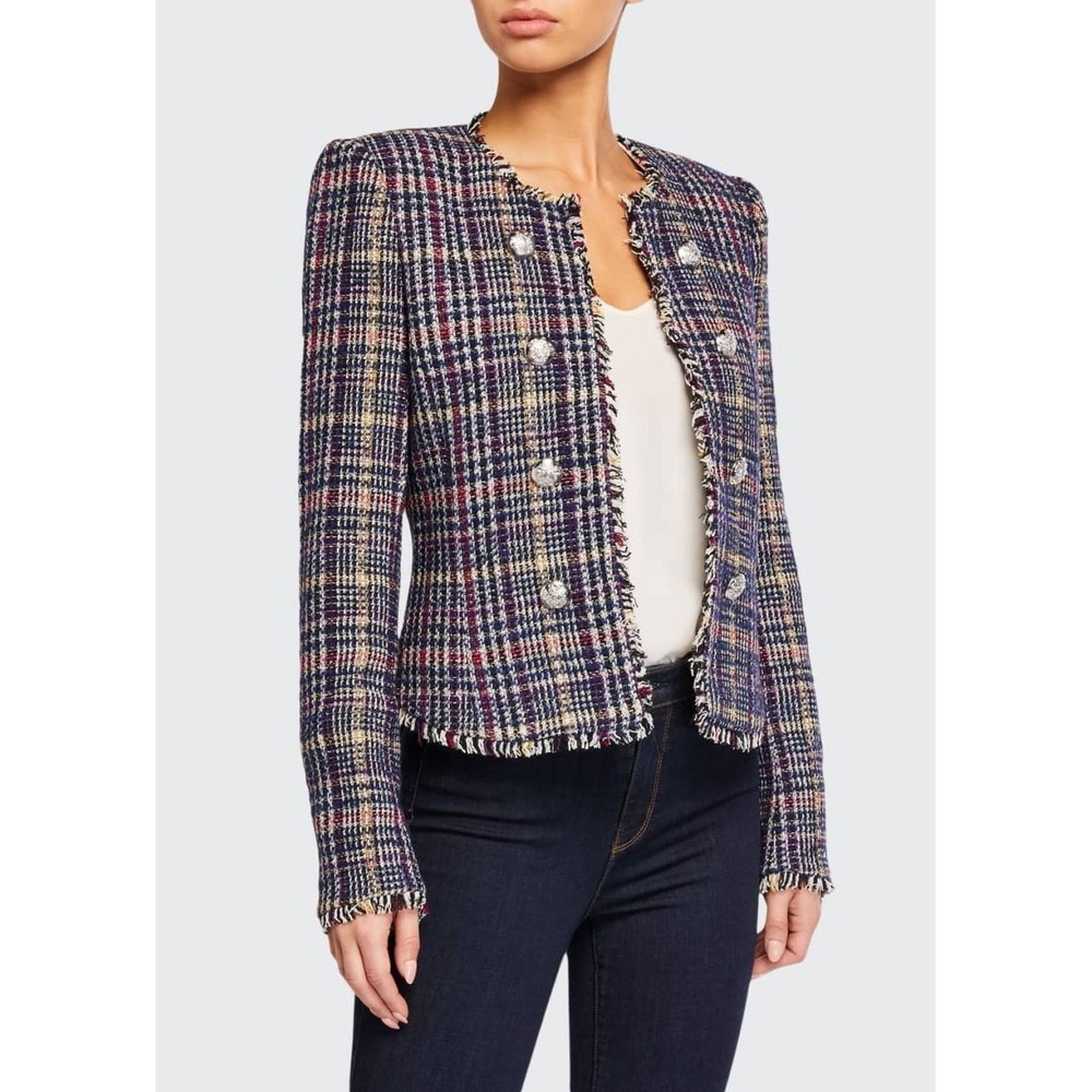 Veronica Beard Tweed‎ Blazer Jacket Sz 8 Plaid Fringe Cropped Old Money Preppy